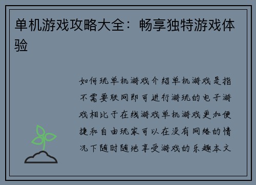 单机游戏攻略大全：畅享独特游戏体验